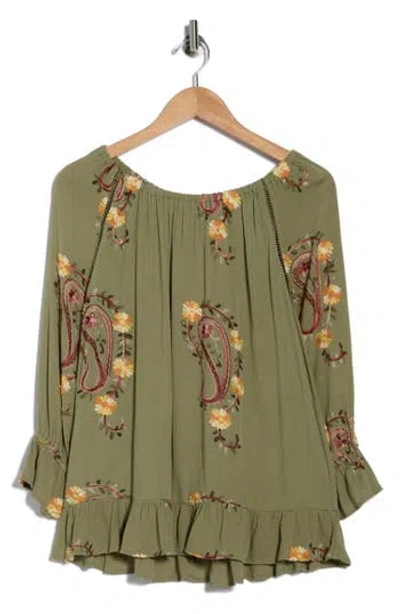 Forgotten Grace Paisley Embroidered Top In Green