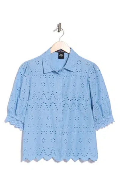 Forgotten Grace Puff Sleeve Eyelet Shirt In Blue