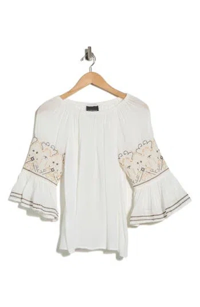 Forgotten Grace Sheer Embroidered Sleeve Top In White