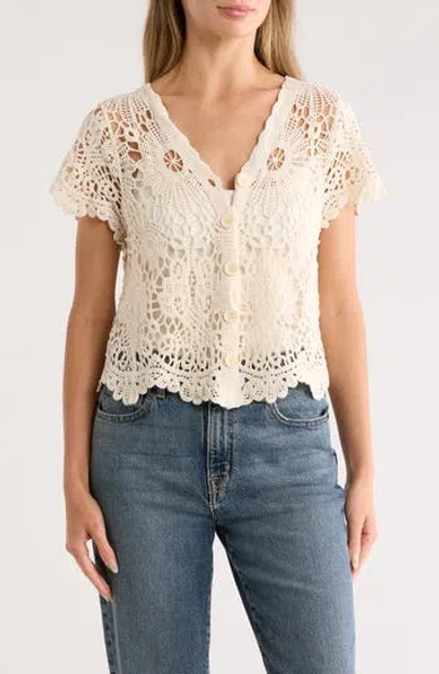 Forgotten Grace Short Sleeve Crochet Button-up Shirt In Brown