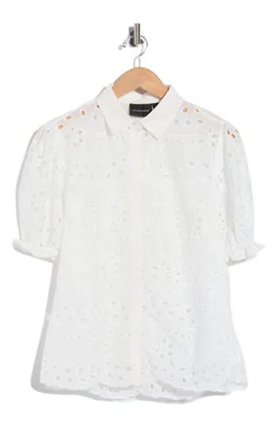Forgotten Grace Short Sleeve Eyelet Button Front Shirt In White