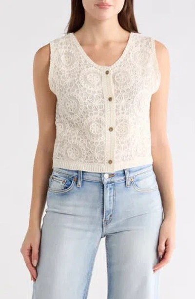 Forgotten Grace Sleeveless Crochet Button-up Shirt In White