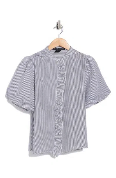 Forgotten Grace Striped Ruffle Bubble Sleeve Shirt In Gray