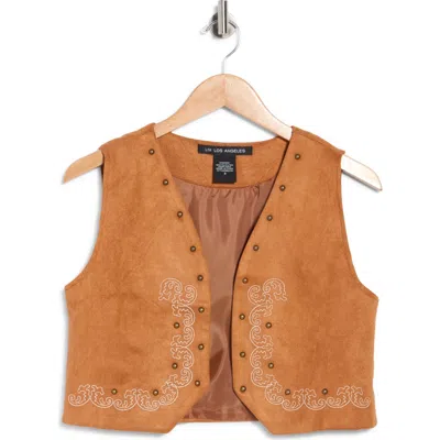 Forgotten Grace Studded Embroidered Faux Suede Vest In Orange