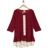 Forgotten Grace Three-quarter Sleeve Crochet Peplum Top In Burgundy