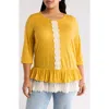 Forgotten Grace Three-quarter Sleeve Crochet Peplum Top In Mustard