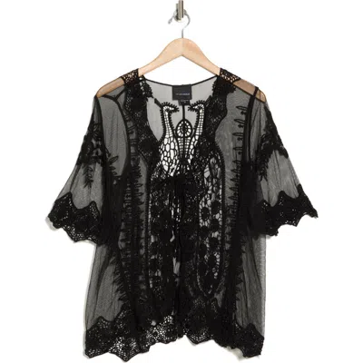 Forgotten Grace Tie Front Crochet Lace Trim Top In Black