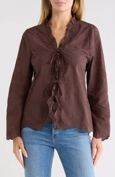 Forgotten Grace Tie Front Embroidered Cotton Shirt In Brown