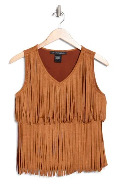 Forgotten Grace Tiered Fringe Faux Suede Tank In Brown