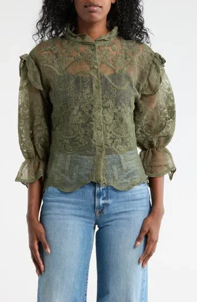 Forgotten Grace Victorian Lace Button-up Shirt In Green
