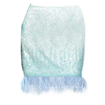 Formula S7 Women's Aquatic Blue Ombre Embroidered Mini Skirt With Feather Trim In Gold
