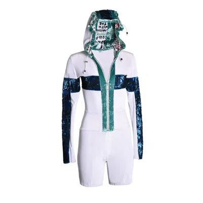 Formula S7 Women's White Velvet Sequin Catsuit With Interactive Hood Design