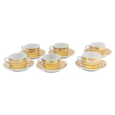 Pre-owned Fornasetti 1960s Set Of Six  Tea Cups And Saucers White And Gold Ceramic Signed