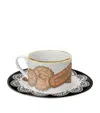 FORNASETTI ANNIVERSARY EDITION SET OF 2 PORCELAIN BISCOTTI TEACUPS AND SAUCERS