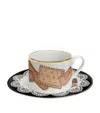 FORNASETTI 175 ANNIVERSARY EDITION SET OF 6 PORCELAIN BISCOTTI TEACUPS AND SAUCERS