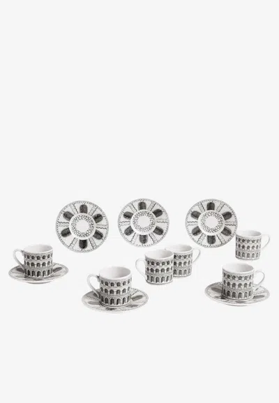 Fornasetti Architettura Coffee Cup And Saucer Set - Set Of 6 In Gray