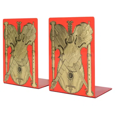 Pre-owned Fornasetti Bookends Strumenti Musicali Gold On Red Metal