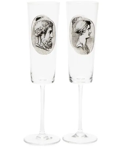 Fornasetti Cammei Flute Glasses (set Of Two) In White