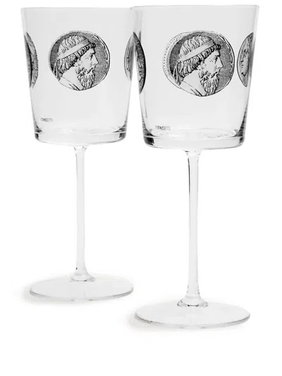 Fornasetti 2 Wine Glasses Set Cammei In White/black