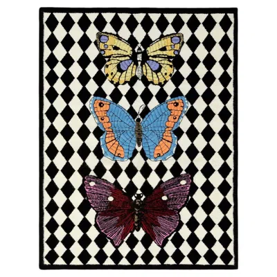 Pre-owned Fornasetti Cc-tapis -  Collection - Farfalle E Losanghe Handmade Rug In Wool In Black