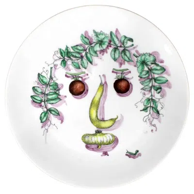 Pre-owned Fornasetti Ceramic Plate With Vegetable Face  In Gray