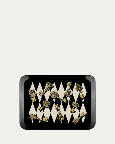 Fornasetti Chiavi Gold E Rombi Tray - 48x60 Cm In Black/white