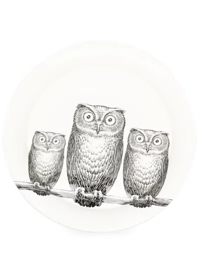 Fornasetti Civette Circular Iron Tray In White