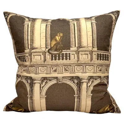 Pre-owned Fornasetti Cole & Son  "procuratie E Scimmie" Architectural Monkey Silk Pillow In Brown