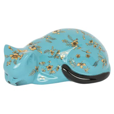 Pre-owned Fornasetti Decorative Ceramic Cat Bitossi Fiorato, Gold Flowers On Turquoise In Blue