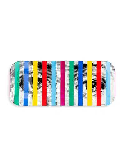 Fornasetti Face Stripes Printed Wood Tray In Multi