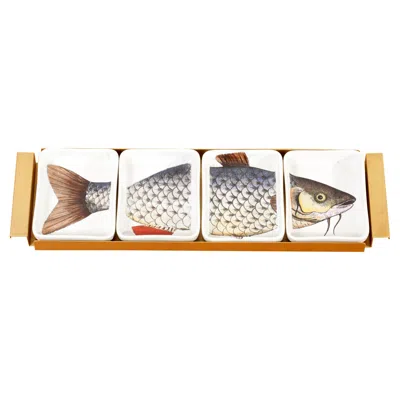 Pre-owned Fornasetti Fish Bowls Set On Tray, Mid-century Modern Porcelain In Sand