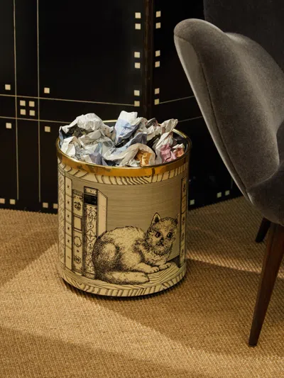 Fornasetti Gatto Con Libri Hand-painted Waste Paper Basket In Multi