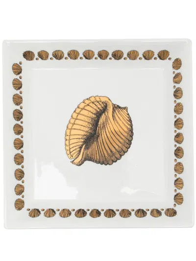 Fornasetti Square Plate Giro Di Conchiglie In White/black/gold