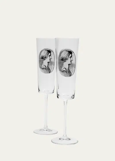 Fornasetti Glass Flutes, Set Of 2 In White/black