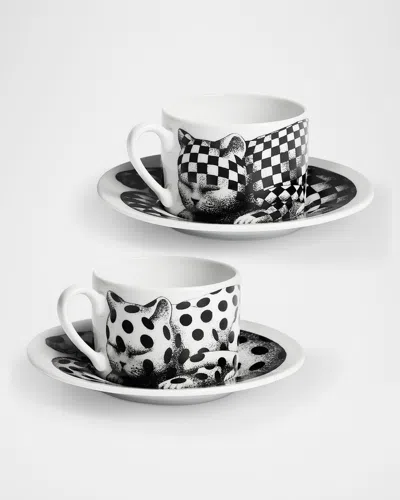 Fornasetti High Fidelity Tea Cups & Saucers, Set Of 2 In Multi