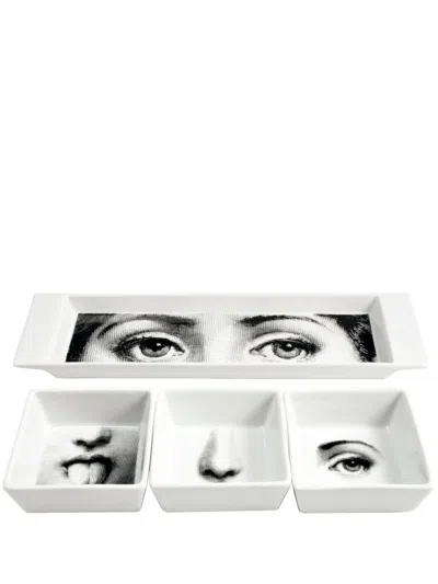 Fornasetti Tablett-set Aus Porzellan In Weiss