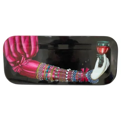 Pre-owned Fornasetti Lacquered Wood "rosa" Tray By Pierro  In Black
