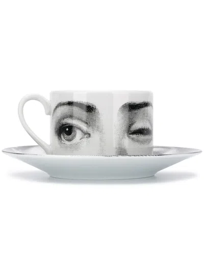 Fornasetti Patterned Decorative Cup And Saucer In Weiss