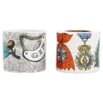 Pre-owned Fornasetti Porcelain Tableware Set, Medallion & Newspaper Patterns In Gray
