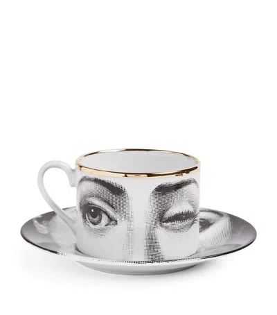 Fornasetti Porcelain Tema E Variazioni Teacup And Saucer In Gray