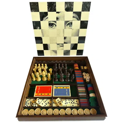 Pre-owned Fornasetti Rare Large Chess And Dominoes Board Game Set Box In Brown