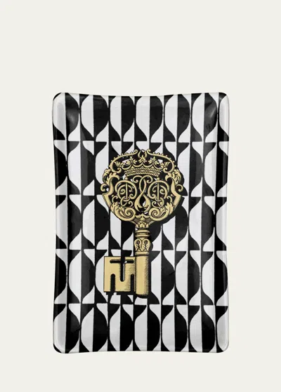 Fornasetti Rectangular Ashtray Chiavi Gold & Losanghe In Black/white