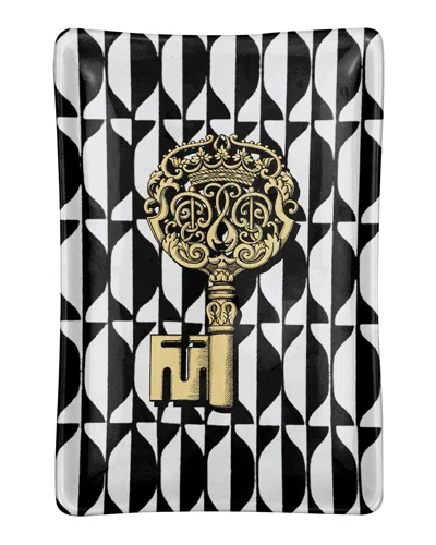 Fornasetti Rectangular Ashtray Chiavi Gold & Losanghe In Black/white