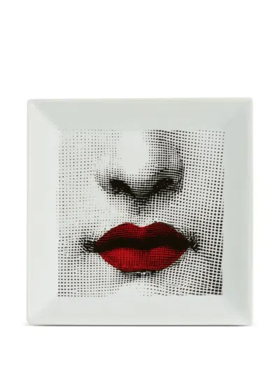 Fornasetti Red Lips Square Tray (20,8cm X 20,8cm) In White