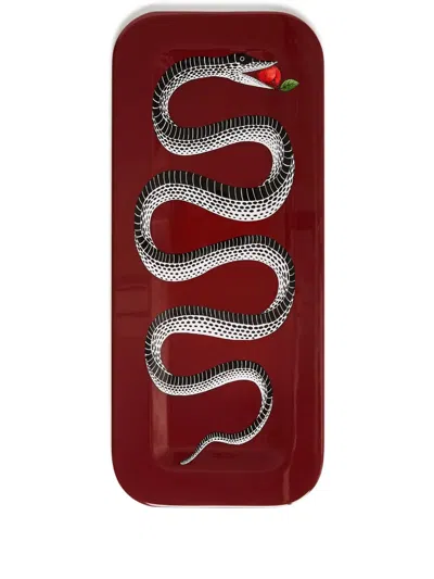Fornasetti Serpente Hand-decorated Wood Tray In Rot