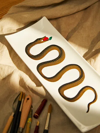 Fornasetti Serpente Hand-painted Porcelain Rectangular Tray  Abask Gift Set In Red