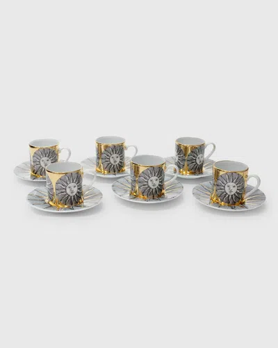 Fornasetti Set 6 Coffee Cups Sole Sunny Face In Black/gold