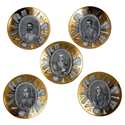 Pre-owned Fornasetti Set Of 5 1950s Piero  Grandi Maestri Gold Ceramic Plates In Gray