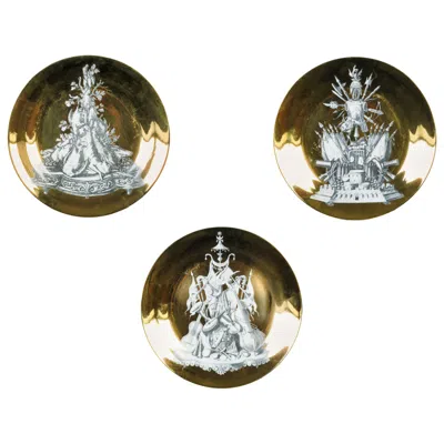 Pre-owned Fornasetti Set Of Three “panoplie” Series Plates In Porcelain With Lithographed Decoration In Black