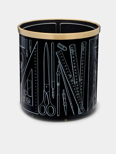 Fornasetti Strumenti Da Disegno Hand-painted Waste Paper Basket In Black
